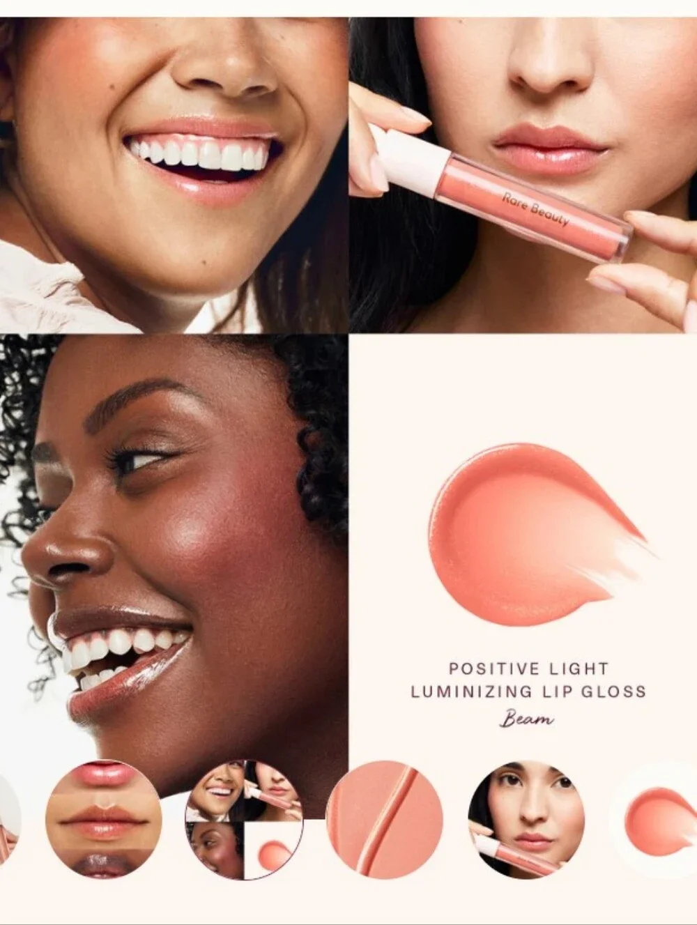 RARE BEAUTY Beam Lip Gloss — Peachy Coral with Pink Pearl